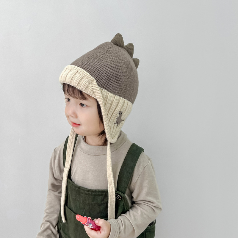 新しい子供用帽子秋と冬プラスベルベットかわいい恐竜耳保護帽子男性と女性のためのベビーニットプルオーバー帽子暖かい韓国語版|undefined