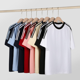 American Three-Stripes Casual Round Neck Sports Short-Sleeved T-Shirt for Women Heavy 250g Double Yarn Pure Cotton Versatile Couple Tops