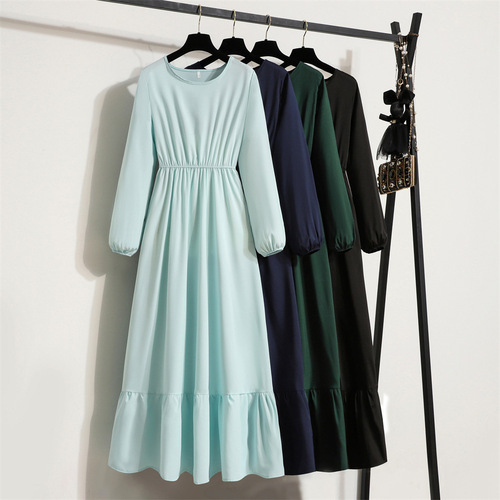 Women's Long Dress Solid Color Pullover Long-Sleeve A-Line Dress
