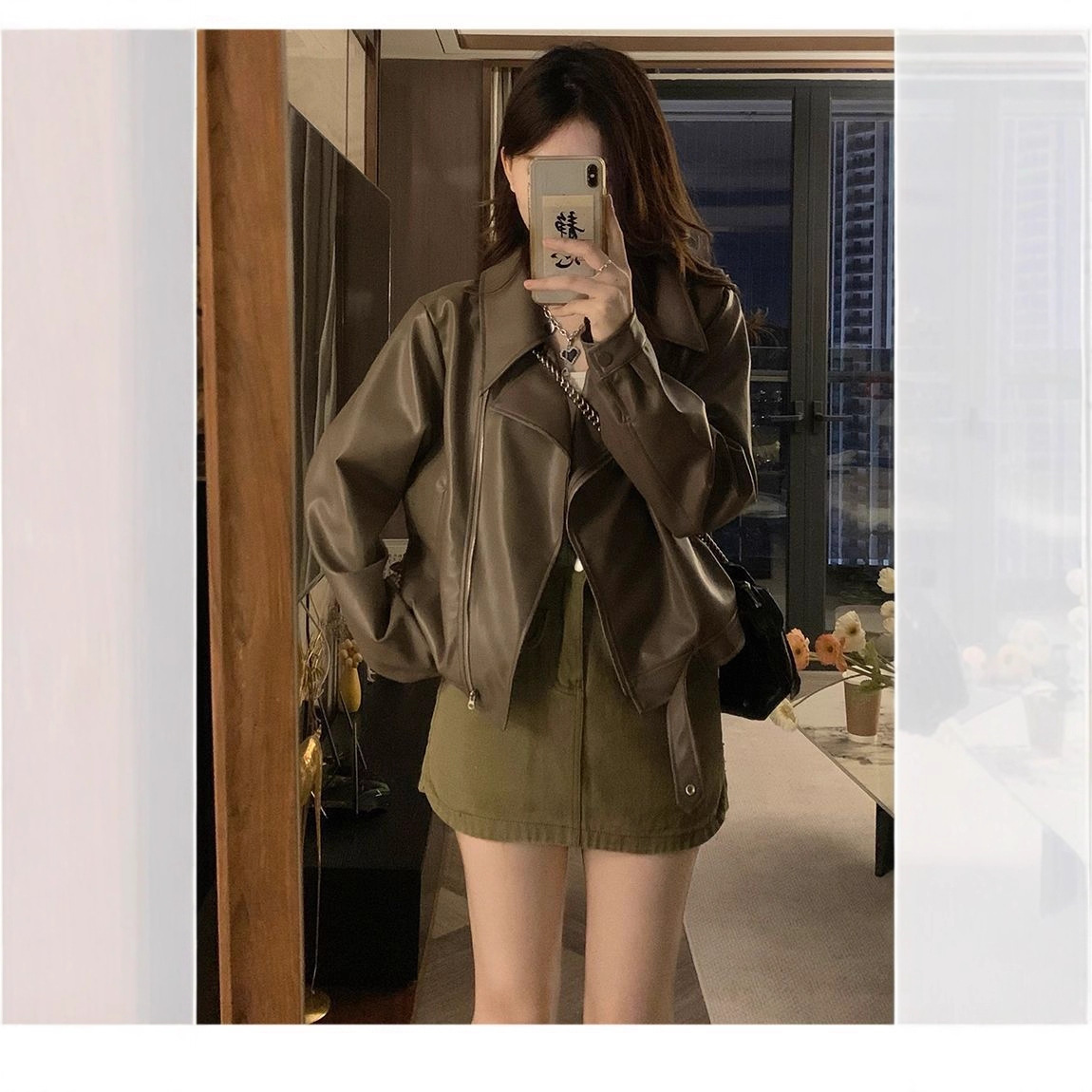 Brown Pu Leather Jacket Women's Short 2025 Autum Loose Small Retro Hong Kong Style Long-Sleeved Motorcycle Jacket Top