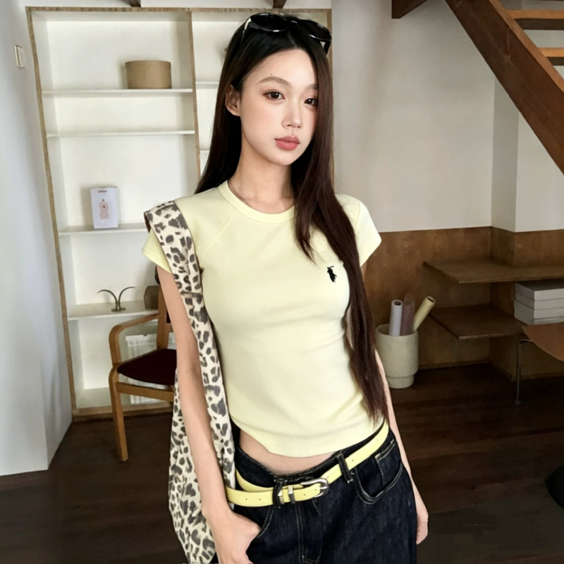 Scanable Qr Code Rl Ralph Lauren Regular Shoulder Waist-Cinching T-Shirt New Model with Warhorse Embroidery Slim Fit Hot Girl Short-Sleeve Summer Versatile Top