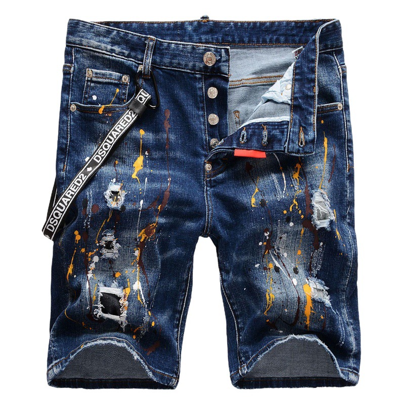 Marca de moda italiana europea y americana DSQ2 pintado a mano pintura rasgada parche elástico de cinco puntos pequeños pantalones vaqueros rectos para hombres