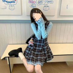 两件/套装甜美复古小个子格纹百褶背带连衣裙女+早秋针织长袖上衣