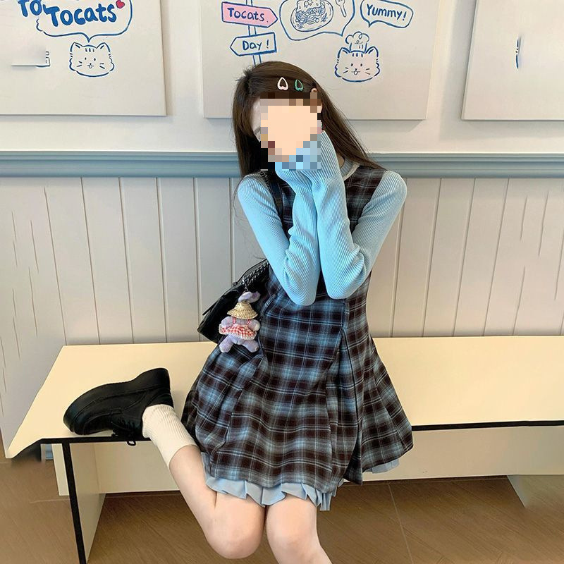 两件/套装甜美复古小个子格纹百褶背带连衣裙女+早秋针织长袖上衣|undefined