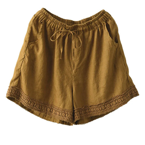2025 Summer New Retro Lace Crochet Cotton Linen Pants for Women, Literary Flower Edge Shorts, Casual Skirts, Slimming Straight Leg Pants
