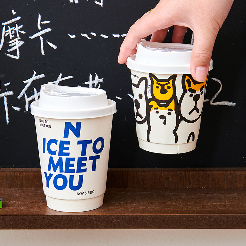 Coffee Latte Cup Paper Cup Disposable With Lid Cartoon Milk Tea Household Business Use Special Takeaway Hot Drink Cup