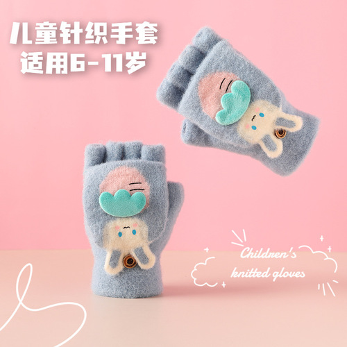 Knitted warm children's gloves with yarn cover, half-finger, full-fleece, thickened, cute cartoon style, for middle school students