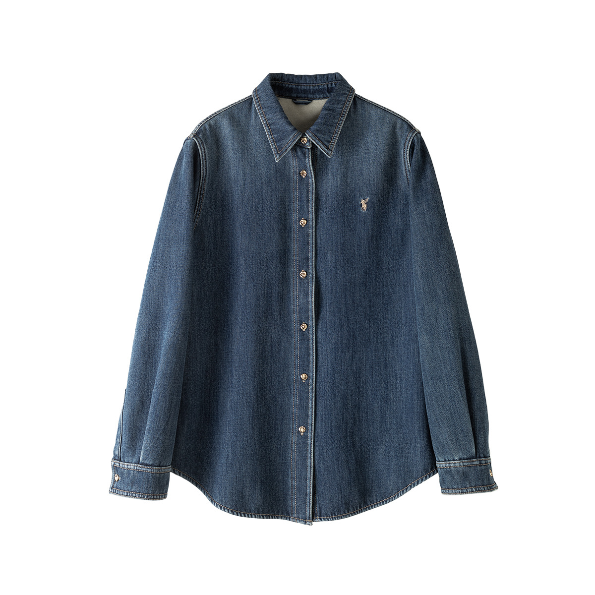 Áo sơ mi denim nữ dáng rộng tay dài, phối lớp retro, có lót nhung ấm — màu xanh