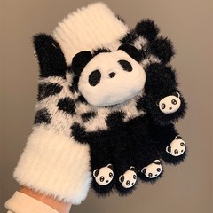 可爱小熊猫亲子款毛绒针织五指手套女冬季可触屏学生电动车保暖防