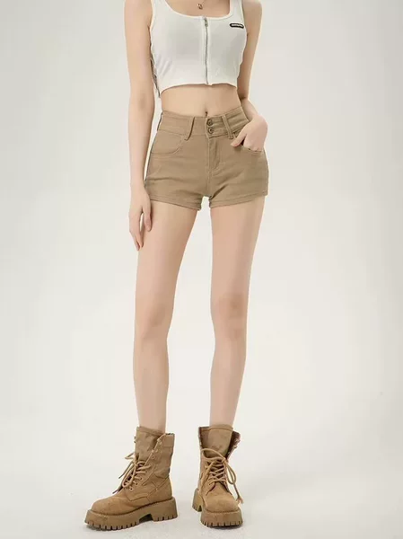 Plus-Size Hot Girl High-Waisted Double-Button Hip-Enhancing Denim Shorts for Women, 2026 Summer New Style, Khaki Color, Slimming and Hip-Flattering Hot Pants