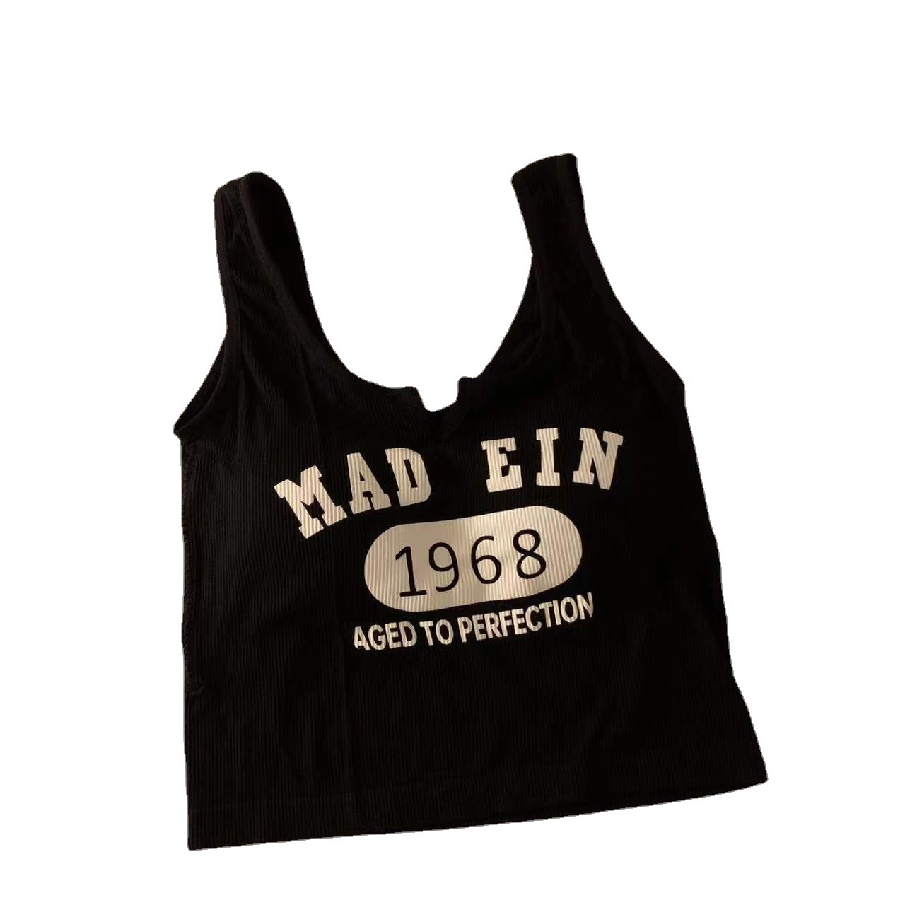 Principios de la primavera nueva 1968 carta de impresión interior y exterior desgaste de una sola pieza fija Copa sin costuras de hombro ancho pequeño Chaleco con cuello en V para las mujeres