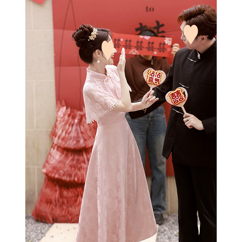 Розовое платье-чонсам для невесты 2025, новый китайский стиль, платье для беременных и помолвки, юбка для женщин, плюс размер, домашнее летнее платье