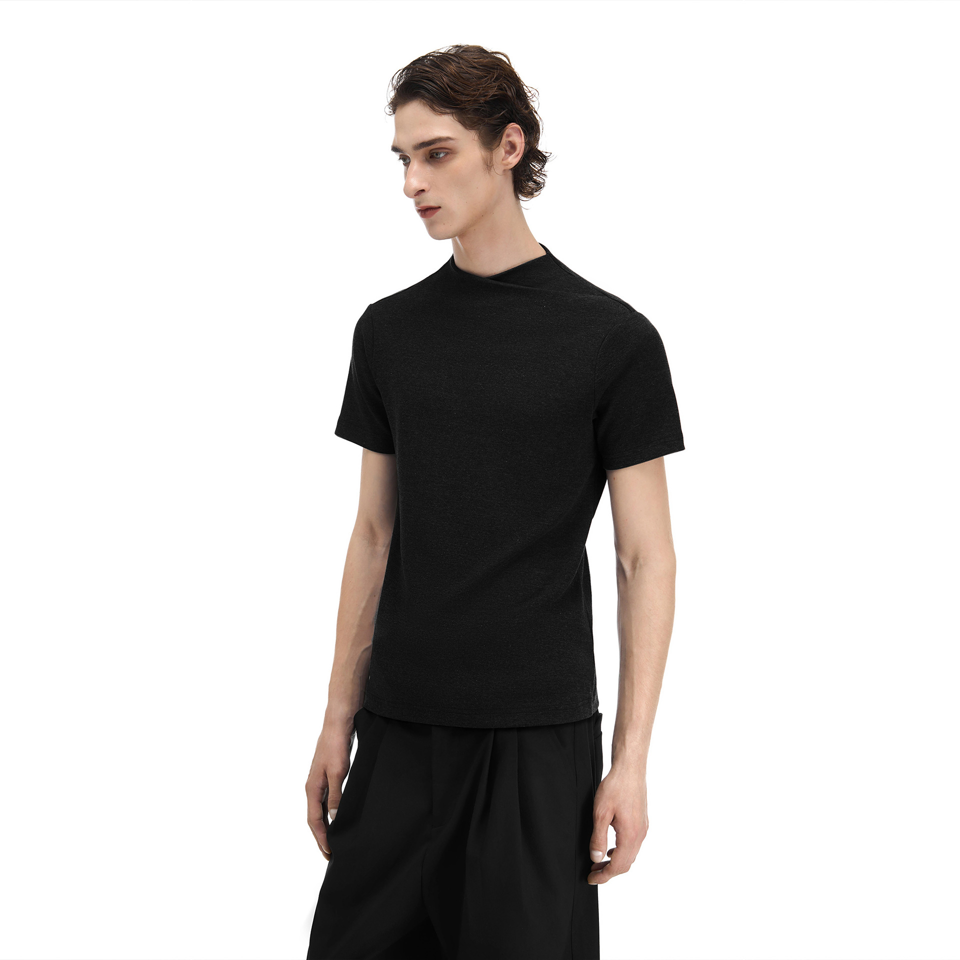 【JMWH】Slight Vogue丨クロスワンピースカラー右肩ポリフォニーニットスリムTシャツは着痩せ効果抜群で万能