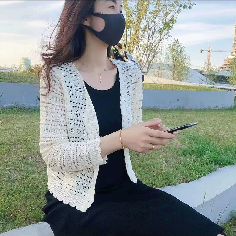 Женский трикотажный кардиган из ледяного шелка, новинка лета 2025 года, с вырезами, на бретелях, с длинными рукавами, короткой шалью, солнцезащитная одежда