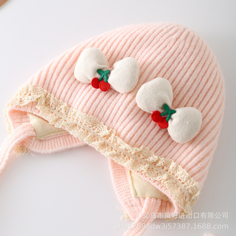 婴儿帽子秋冬季毛线帽可爱蝴蝶结针织护耳帽女宝宝加厚保暖系带帽|undefined