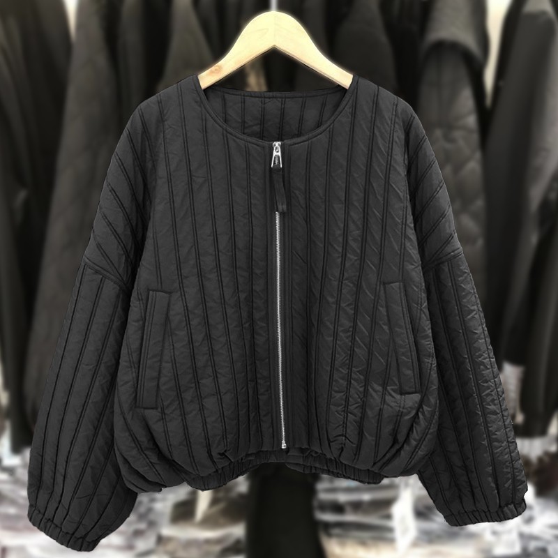 欧货小众圆领坑条棉服女秋冬季2025新款气质宽松保暖夹棉外套|undefined