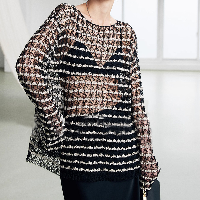 Kai Kei Linen Mercerized Cotton Style Flower Light and Translucent Cut Out Braided Loose Knitted Blouse Women's New Style