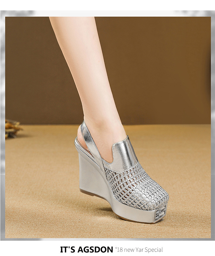 Sandal cao gót nữ mũi nhọn bện rỗng đế xuồng chống nước — màu be chi tiết 18