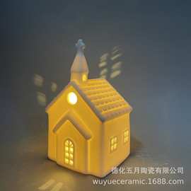 ins陶瓷房子工艺品摆件创意镂空LED烛台小夜灯圣诞节家居桌面装饰