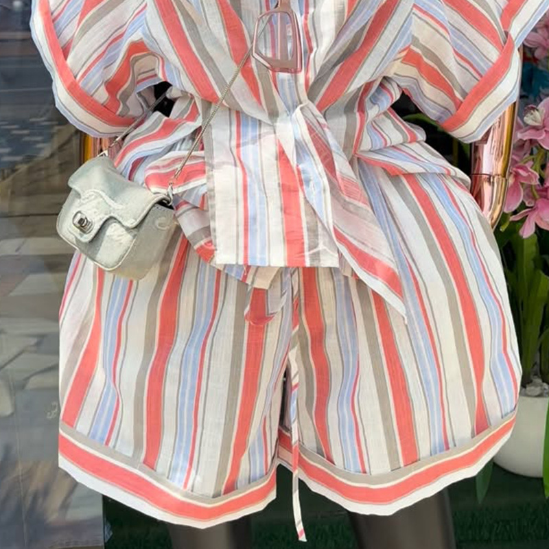 Women's Fashion Lapel Striped Shirt And Wide Leg Shorts Set Spring Tie Detail Short Sleeve Clothing European American Style_voghion.com