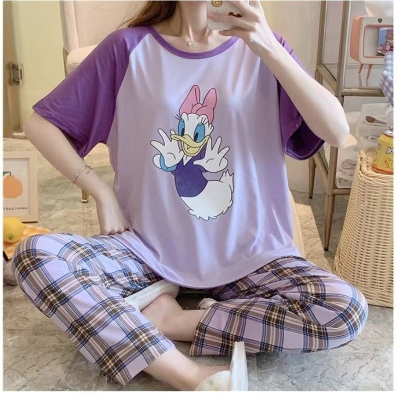 睡衣女春秋款5XL码新款短袖长裤女士印花可爱可外穿家居服套装|undefined
