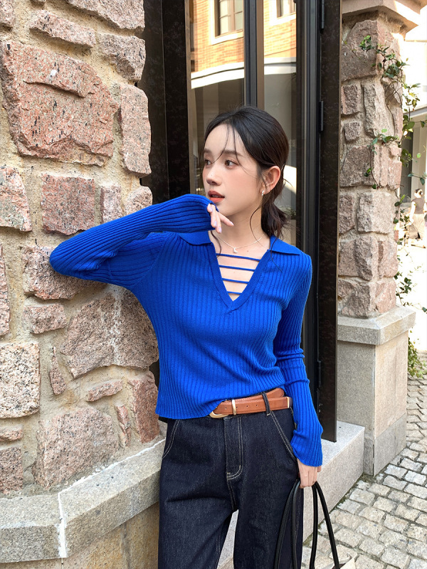衣尔衫 小情歌 羊毛设计感V字翻领针织衫女正肩秋季纯色坑纹0562|undefined