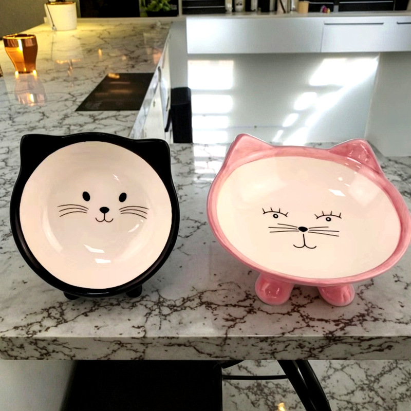 Inventario creativo de caricatura de cerámica gato estilo gato tazón anti-derribar gato tazón de agua para beber tazón de mascotas
