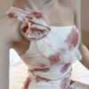 Diagonal shoulder mesh printed ruffle edge off the shoulder bottom wrap buttocks irregular dress