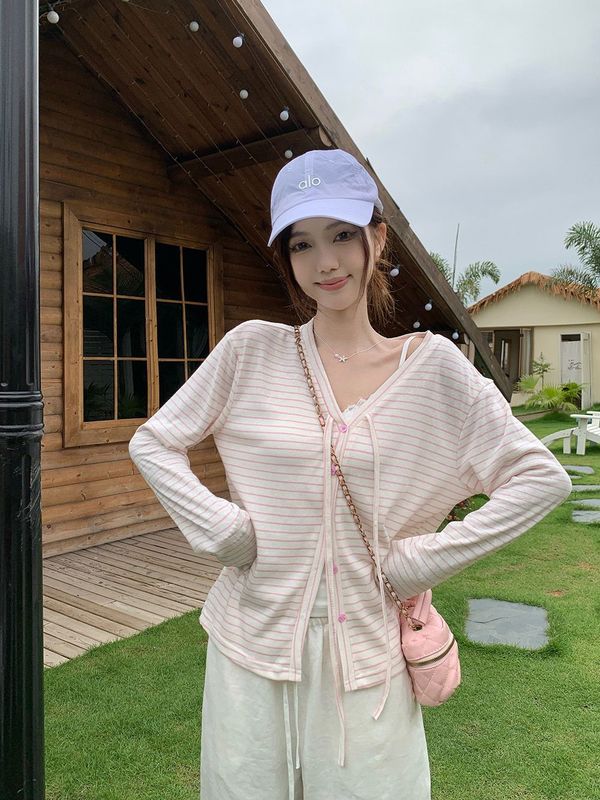 韓国ストライプレース薄いテンセル日焼け止めセーター女性のための 2025 夏の新しいルーズ V ネックトップカーディガン|undefined