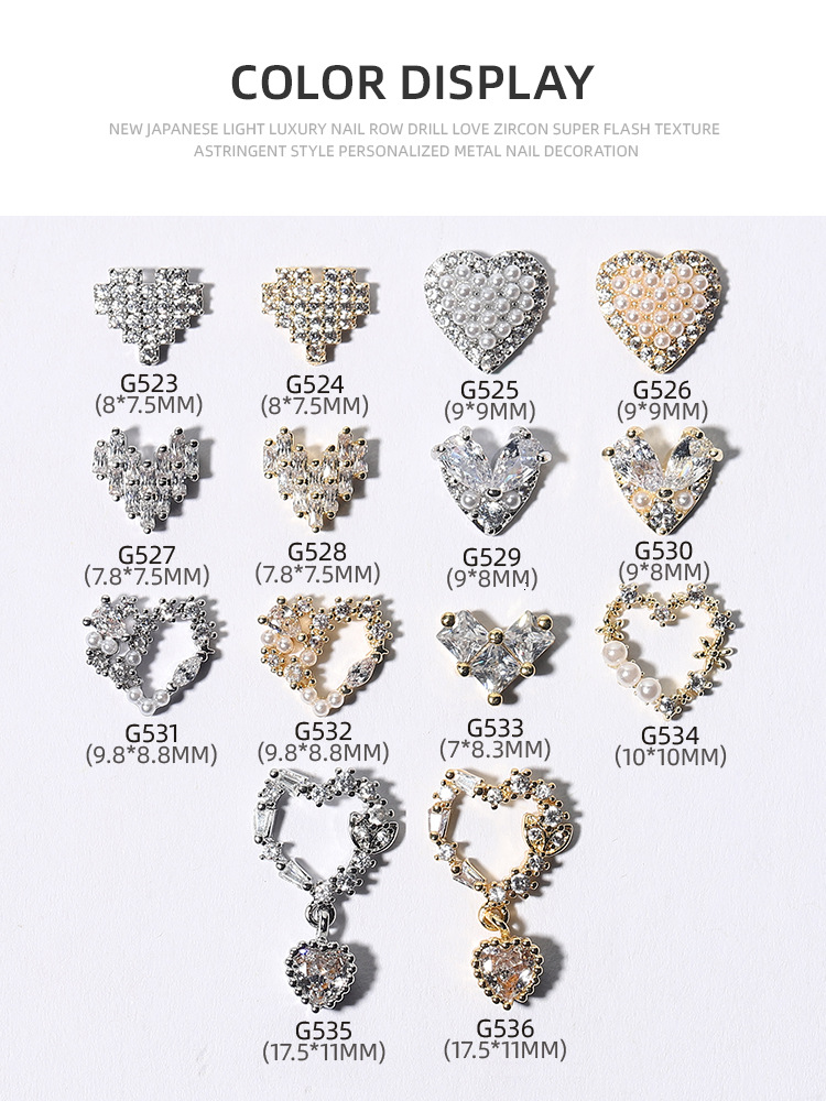 Internet Celebrity full Diamond Love circón Luz de lujo joyería de uñas perla colgante de metal en forma de corazón diamante oro plata fototerapia Decoración