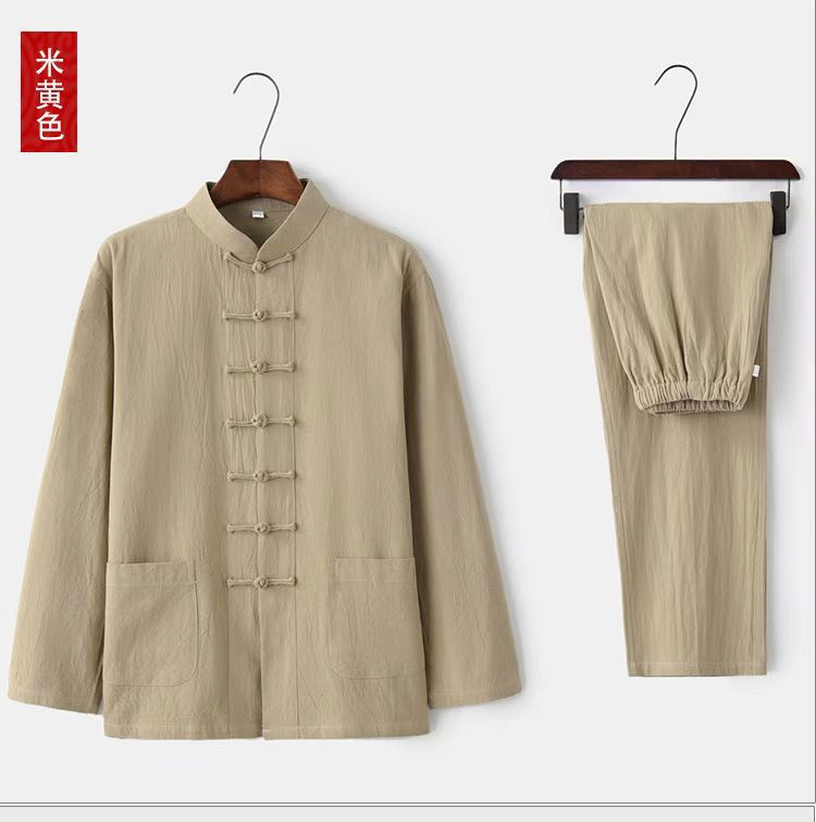 中国風の紳士服唐スーツ男性若者長袖リネンスーツ中国風のレトロな綿とリネンの禅服在家服茶服|undefined