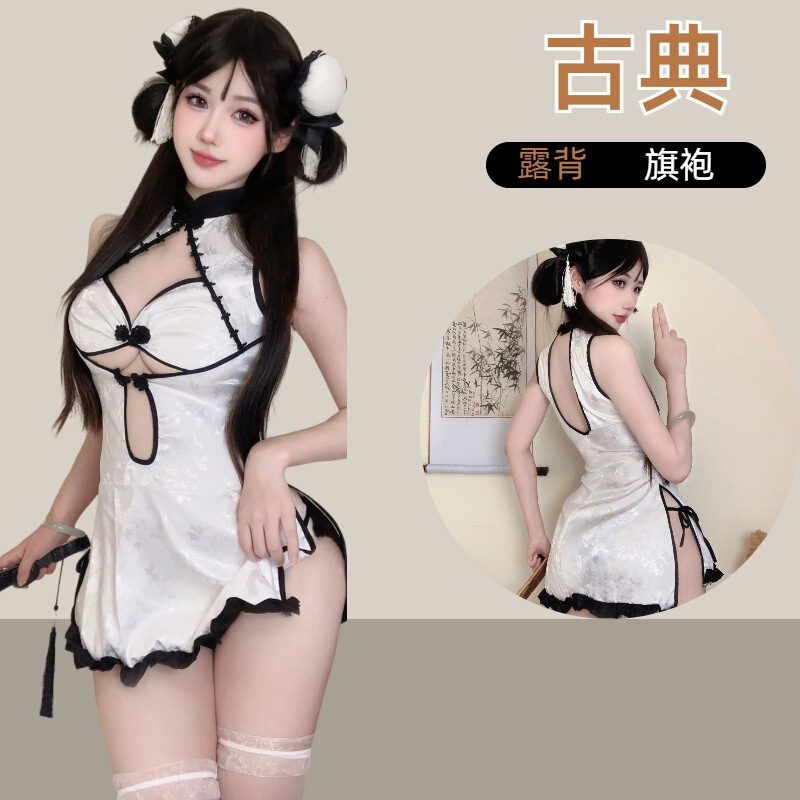 Sexy Underwear Pure Desire Cheongsam Sexy Uniform Hollow Temptation Passion Lace High Split Free Women's Pajamas suit