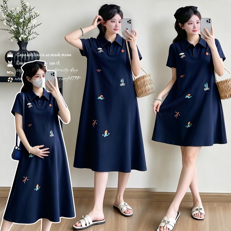 Maternity Wear 2026 Summer Fashionable Korean Style Polo Collar T-Shirt Dress Loose Casual Summer Long Over-The-Knee Dress