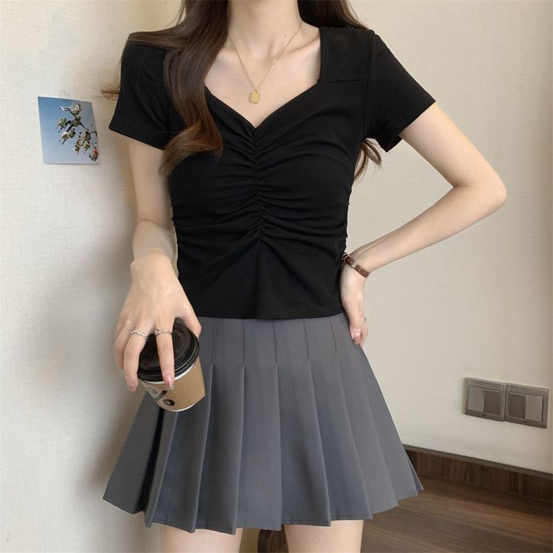 辣妹正肩短袖t恤夏季紧身方领短款修身女高腰露脐褶皱大领口上衣t|undefined