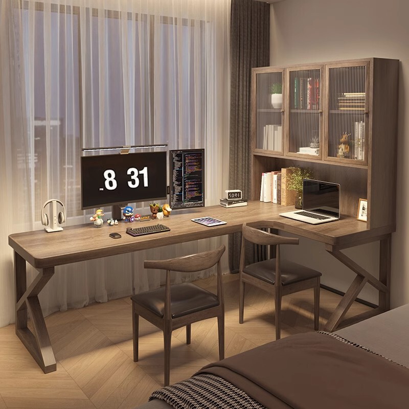 Strictly Selected Solid Wood Computer Desk Corner Desk with Glass Bookcase Integrated Learning Workbench L-shaped Home Writing Desk