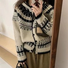 秋冬新款韩系撞色复古连帽针织开衫女软糯提花宽松慵懒风毛衣外套