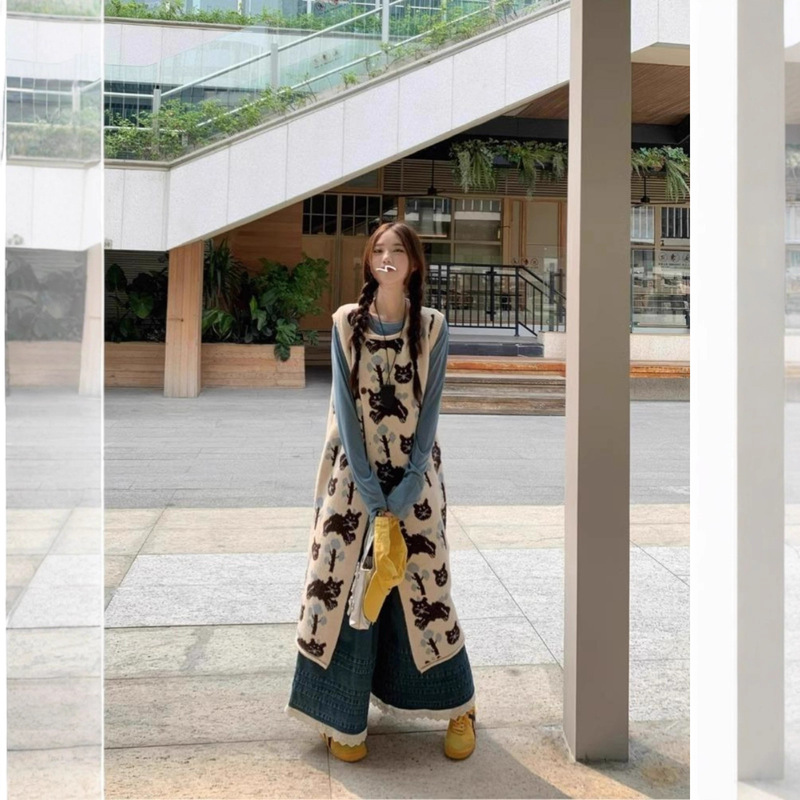 Designed Layered Vest Dress Bottoming Shirt Lace Wide-Leg Denim Pants Women's 2025 Spring & Fall Fashion Suit