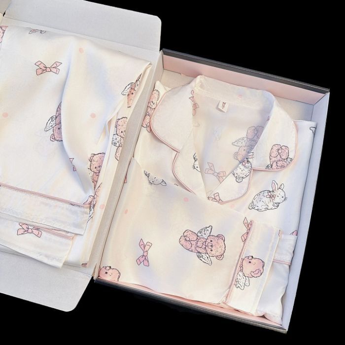 Al por mayor transfronterizo nuevo pijama de seda de hielo de mujer onda punto de dibujos animados gatito manga larga pantalones largos delgados set de ropa para el hogar