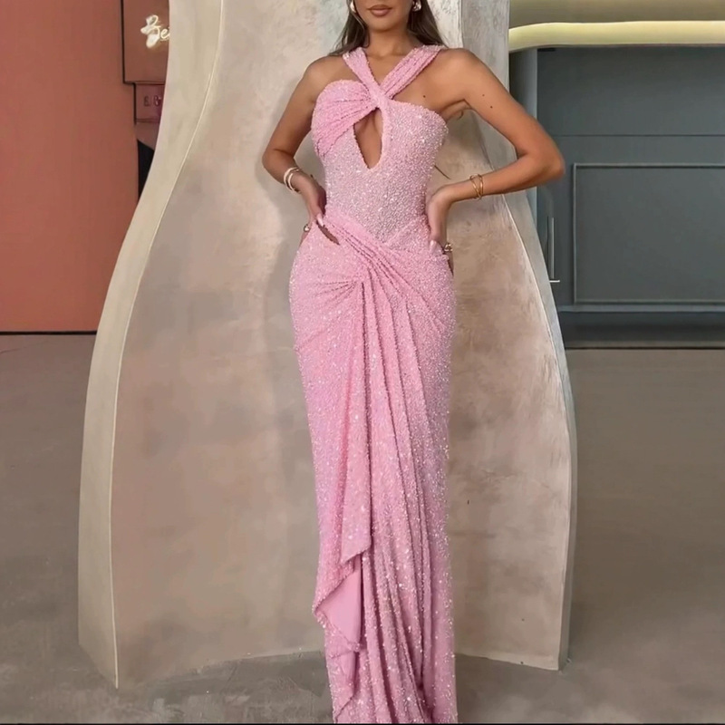 Europe and the United States sexy women's cross-border Amazon new fashion solid color neck sleeveless sequins flash dress