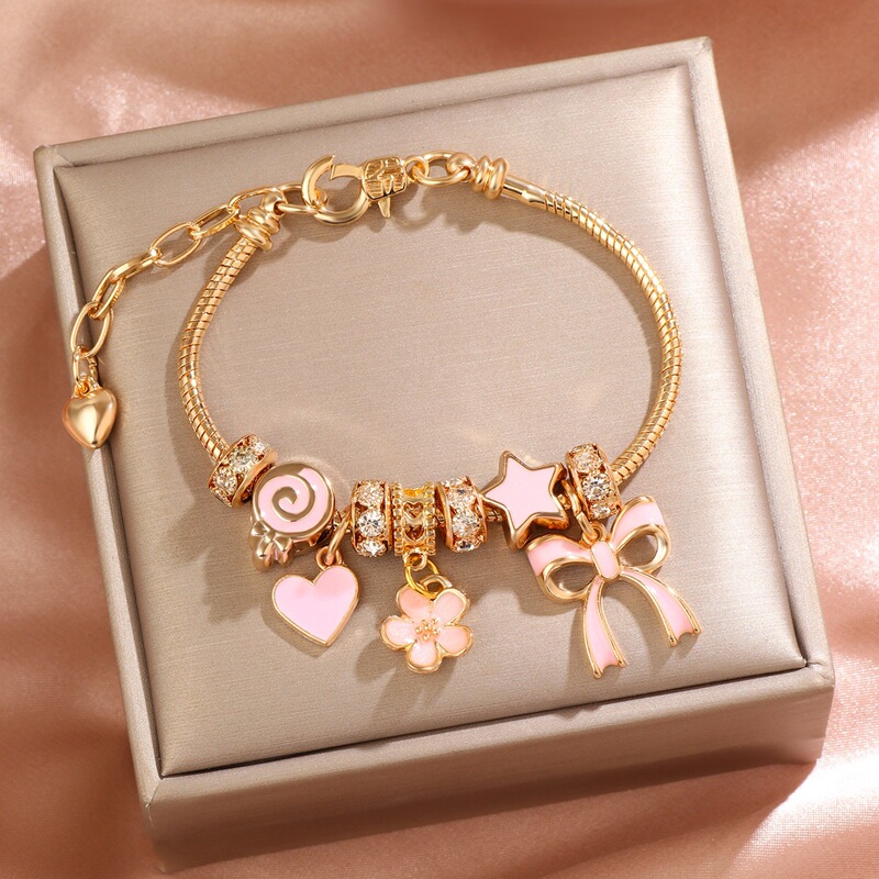 Fashionable Women's Bracelet Pink Bow Flower Heart Charm Diamond Design Exquisite and Beautiful Ready Stock Wholesale