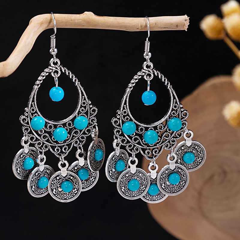 1 Pair Retro Geometric Beaded Plating Chain Alloy Drop Earrings display picture 5