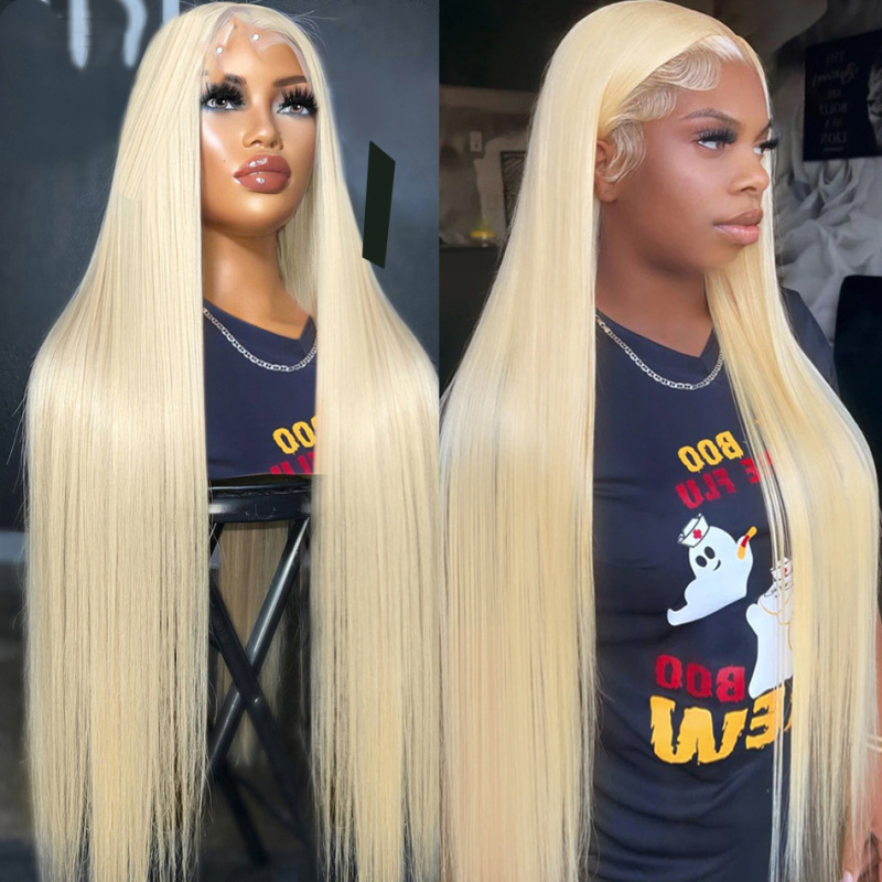 2023 Hot Selling Cross-Border European and American Front Lace Wig Elegant and Fashionable Medium Parted Long Straight Hair Light Gold Manufacturer