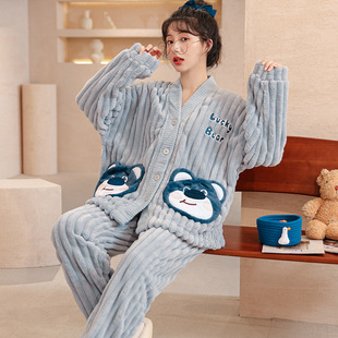 Coral fleece pajamas women's winter long sleeve 2023 New flannel thickened fleece-lined spring and autumn day home wear suit
