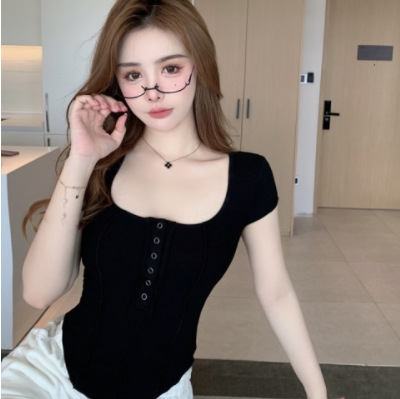 Summer 2025 U-neck Short-sleeve T-shirt Base Top Pure Desire Style Subtle Trick Fitted Sweet and Spicy Unique Design Upgraded Trendy Top