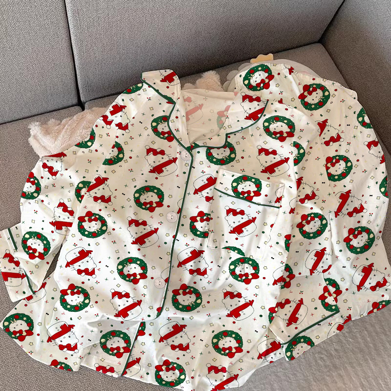 甘いクリスマス雪だるま漫画猫秋パジャマ女性長袖セット漫画少女心春夏ホームウェア卸売|undefined