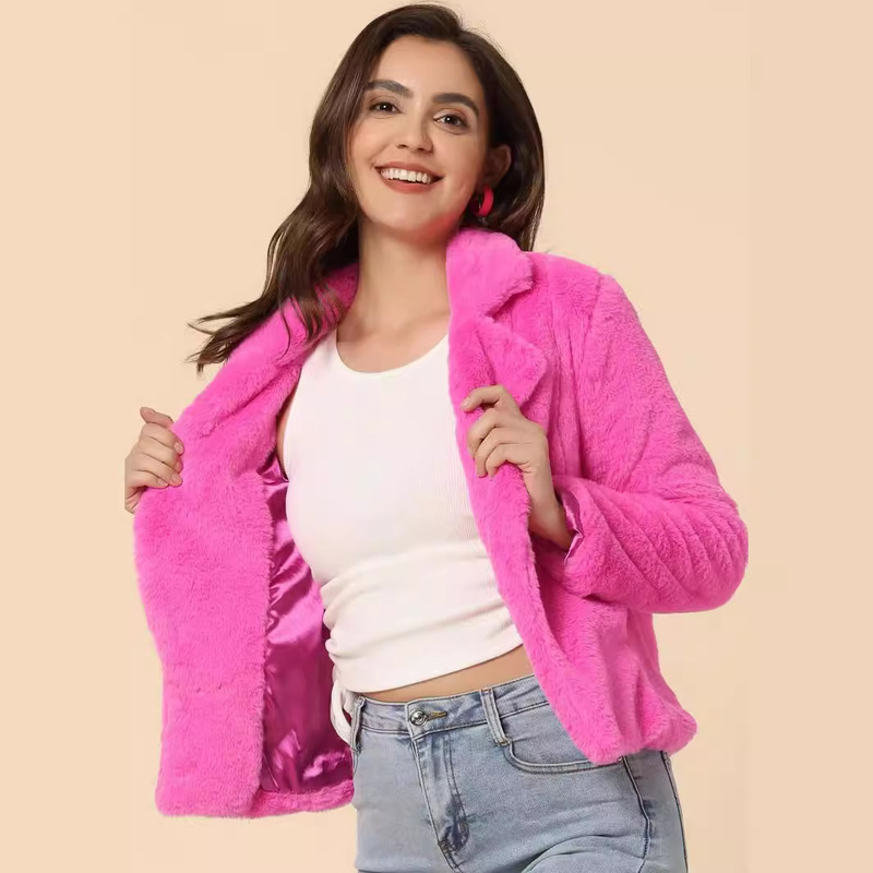 Spring Autumn Winter Women Short Jacket Notched Lapel Faux Fur Fluffy Coat Short Jacket Top Fur