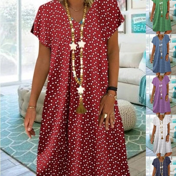 Cross-border 2023 Summer New Wish AliExpress Casual Short-sleeved V-neck Top Dot Heart-shaped Printed dress Women