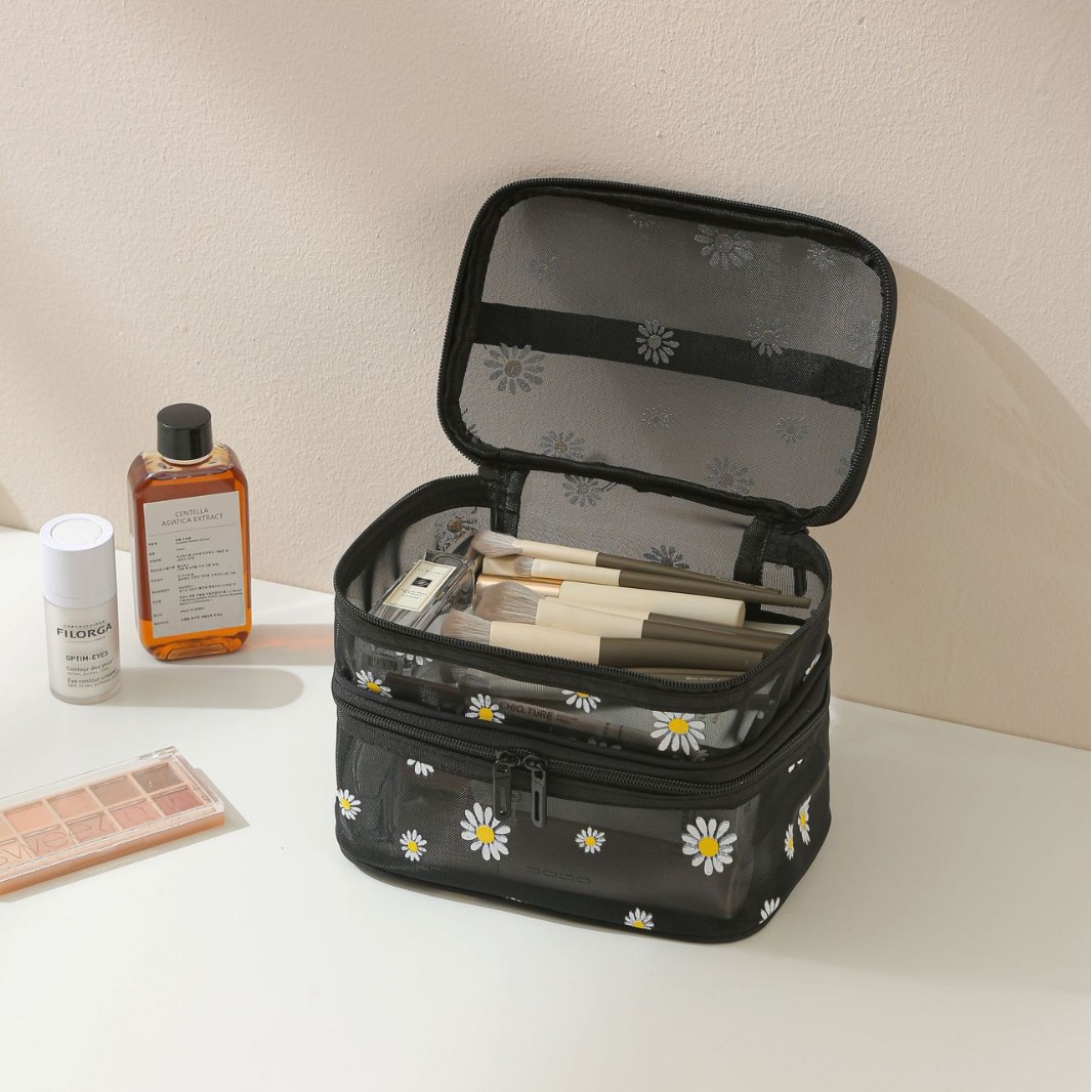 Bolsa de cosméticos de doble capa negra de malla gruesa, bolsa de almacenamiento de cosméticos de alta calidad de gran capacidad, bolsa de lavado transparente portátil