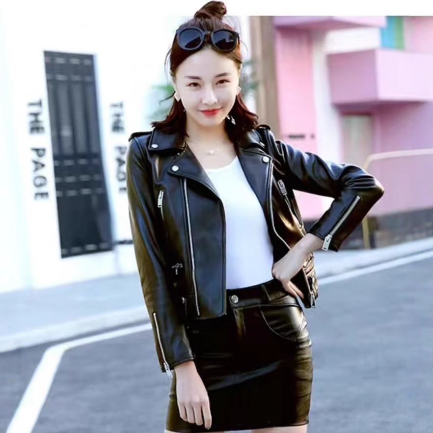 2025 Spring New Haining Pu Leather Motorcycle Jacket Women's Short Jacket Slim Suit Collar Large Size Women's Clothing