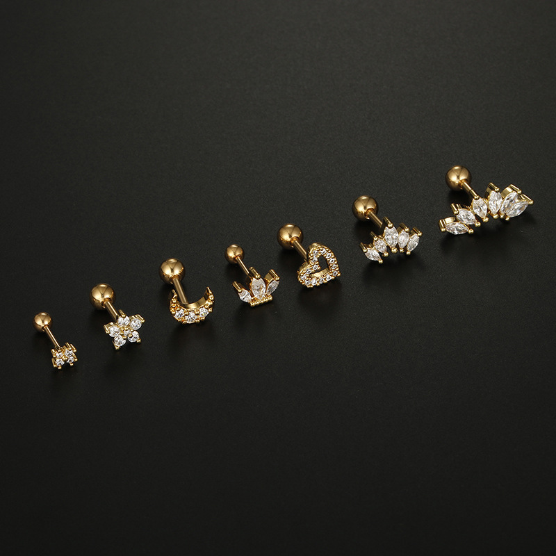 Simple Style Moon Heart Shape Flower Stainless Steel Plating Inlay Zircon Ear Studs 1 Piece display picture 5